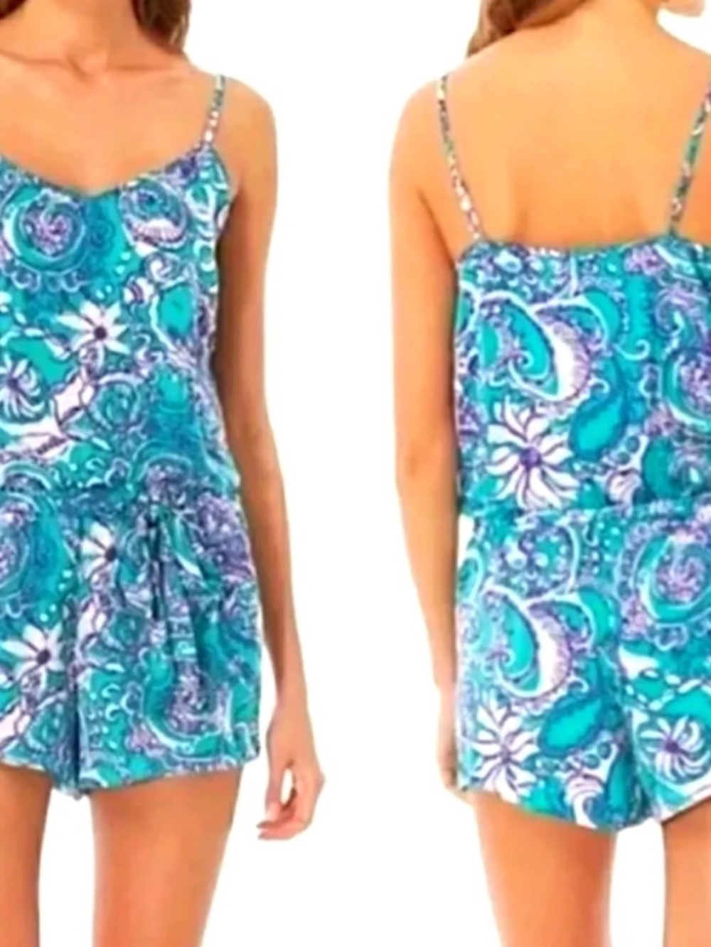 Lilly Pulitzer Size Large L Printed Romper Spaghetti Strap Blue Belted lot6499